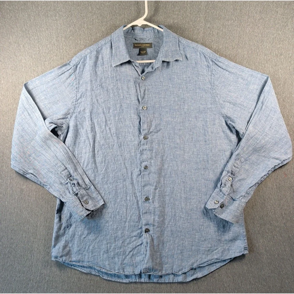 Y2K Linen Chambray Shirt Banana Republic Soft Wash Mens L Blue Casual Button LS